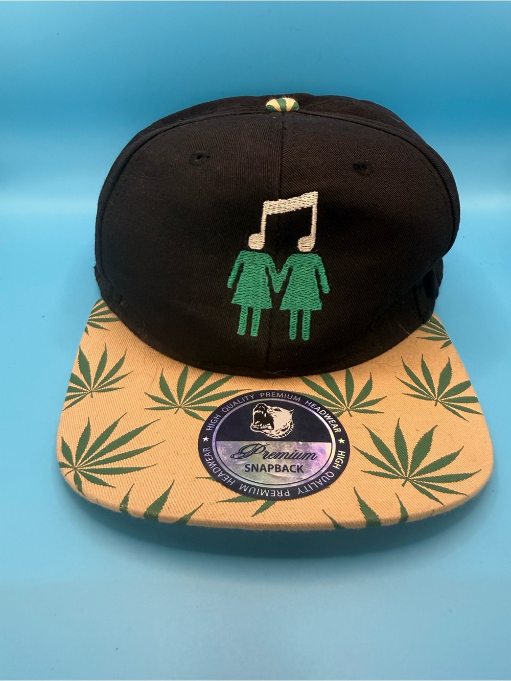 Black Snapback Hat with Green Musical Couples and Leaf Print Brim